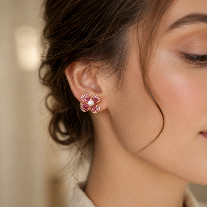 Pink Crystal Flower Stud Earrings | Gold Floral Bridal Earrings
