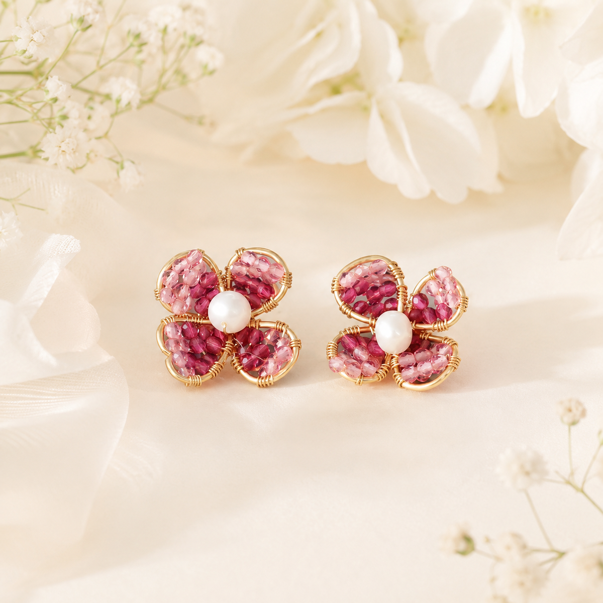 Pink Crystal Flower Stud Earrings | Gold Floral Bridal Earrings