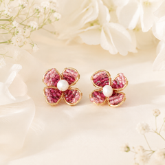 Pink Crystal Flower Stud Earrings | Gold Floral Bridal Earrings