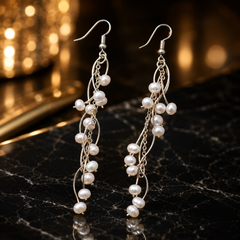 Silver Pearl Chain Drop Earrings | Long Bridal Dangle Earrings