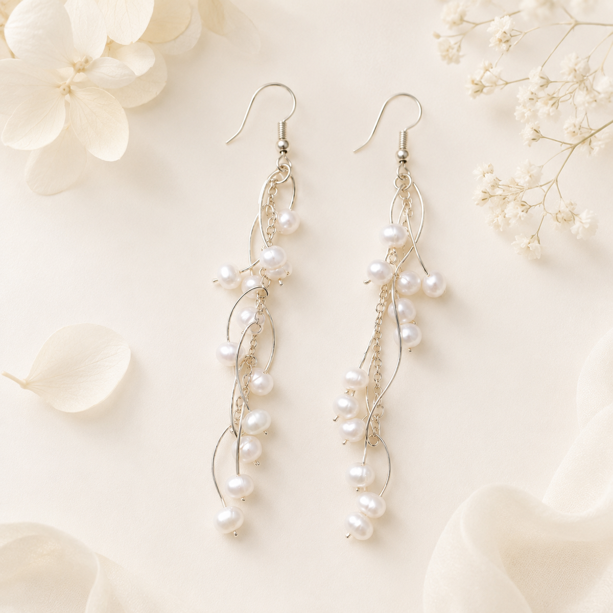 Silver Pearl Chain Drop Earrings | Long Bridal Dangle Earrings