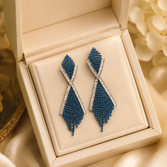 Blue Rhinestone Statement Earrings | Silver Crystal Long Dangle Earrings