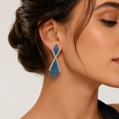 Blue Rhinestone Statement Earrings | Silver Crystal Long Dangle Earrings