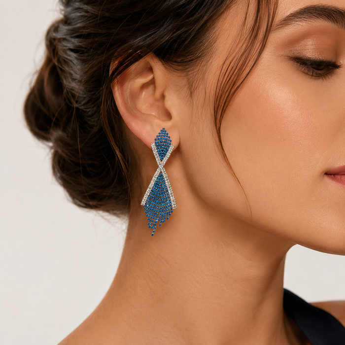 Blue Rhinestone Statement Earrings | Silver Crystal Long Dangle Earrings