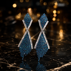 Blue Rhinestone Statement Earrings | Silver Crystal Long Dangle Earrings