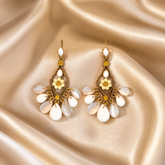 White Floral Drop Earrings | Vintage Gold Bridal Dangle Earrings