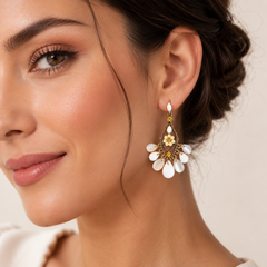White Floral Drop Earrings | Vintage Gold Bridal Dangle Earrings