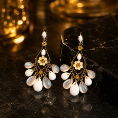 White Floral Drop Earrings | Vintage Gold Bridal Dangle Earrings