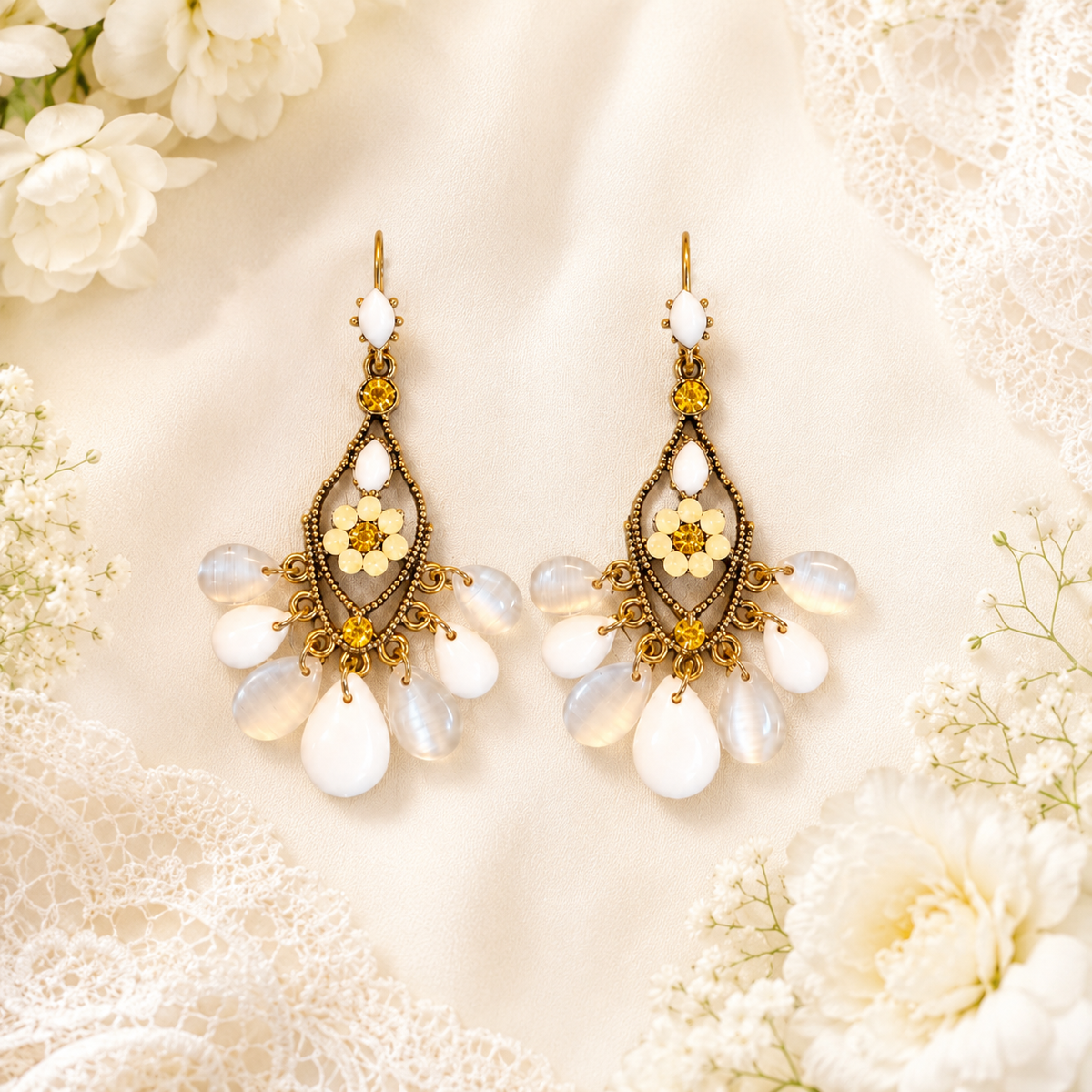 White Floral Drop Earrings | Vintage Gold Bridal Dangle Earrings