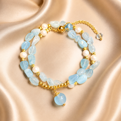 Blue Beaded Pearl Bracelet | Layered Gold Gemstone Bracelet for Women