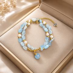 Blue Beaded Pearl Bracelet | Layered Gold Gemstone Bracelet for Women