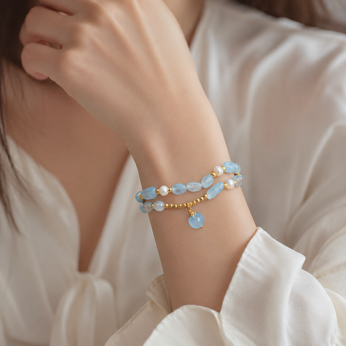 Blue Beaded Pearl Bracelet | Layered Gold Gemstone Bracelet for Women