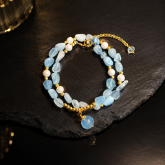 Blue Beaded Pearl Bracelet | Layered Gold Gemstone Bracelet for Women