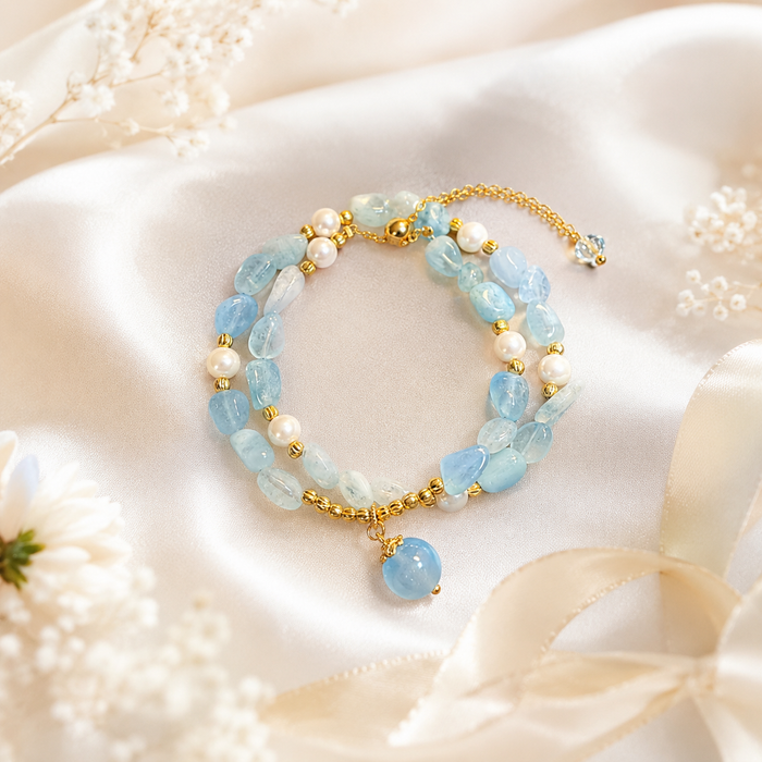 Blue Beaded Pearl Bracelet | Layered Gold Gemstone Bracelet for Women