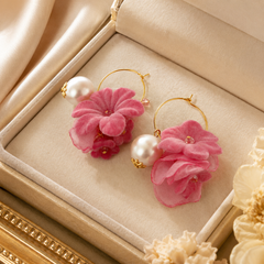 Pink Flower Pearl Hoop Earrings | Gold Floral Statement Earrings