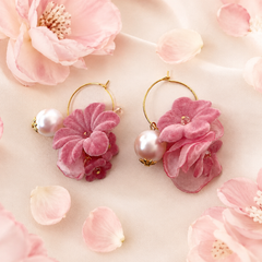 Pink Flower Pearl Hoop Earrings | Gold Floral Statement Earrings