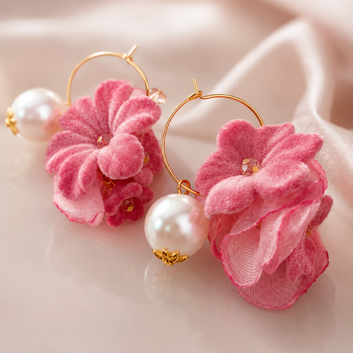 Pink Flower Pearl Hoop Earrings | Gold Floral Statement Earrings
