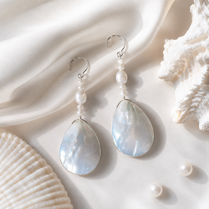 Mother of Pearl Drop Earrings | Long Bridal Pearl Dangle Earrings