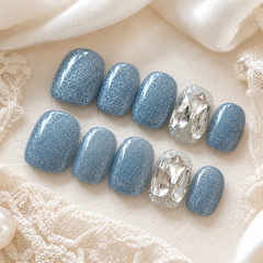 Dusty Blue Glitter Press On Nails with Rhinestones | Short Square Fake Nails