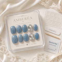 Dusty Blue Glitter Press On Nails with Rhinestones | Short Square Fake Nails