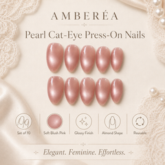 Soft Pink Pearl Cat Eye Press On Nails | Almond Bridal Fake Nails