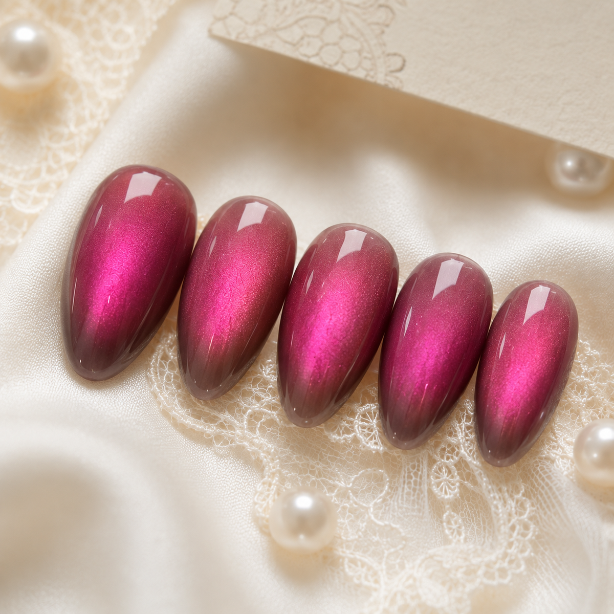 Magenta Pink Cat Eye Press On Nails | Short Almond Reusable Fake Nails