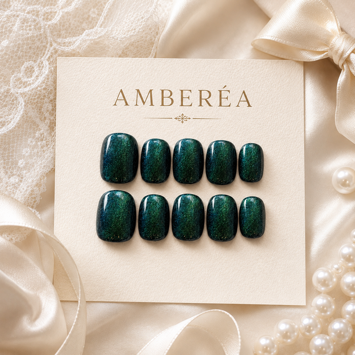 Emerald Green Cat Eye Press On Nails | Short Square Reusable Fake Nails