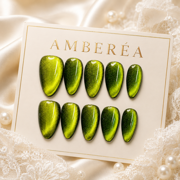 Olive Green Cat Eye Press On Nails | Short Almond Reusable Fake Nails