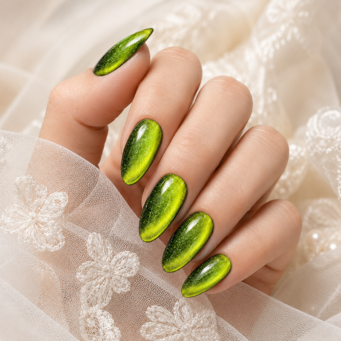 Olive Green Cat Eye Press On Nails | Short Almond Reusable Fake Nails