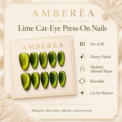 Olive Green Cat Eye Press On Nails | Short Almond Reusable Fake Nails