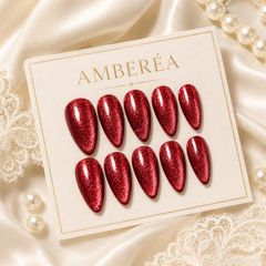 Red Glitter Cat Eye Press On Nails | Almond Reusable Fake Nails
