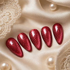 Red Glitter Cat Eye Press On Nails | Almond Reusable Fake Nails