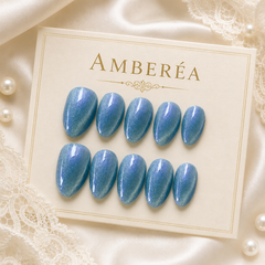 Sky Blue Cat Eye Press On Nails | Short Almond Reusable Fake Nails