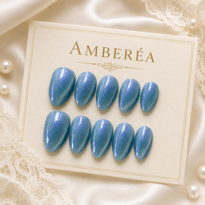 Sky Blue Cat Eye Press On Nails | Short Almond Reusable Fake Nails