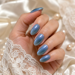 Sky Blue Cat Eye Press On Nails | Short Almond Reusable Fake Nails
