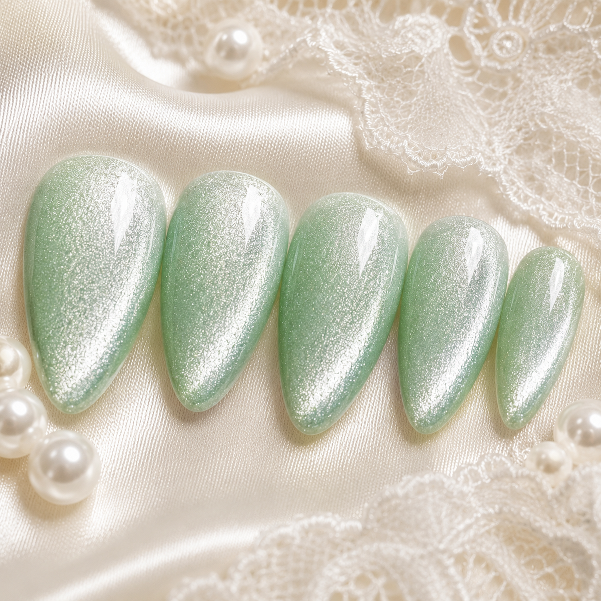 Mint Green Pearl Cat Eye Press On Nails | Short Almond Reusable Fake Nails