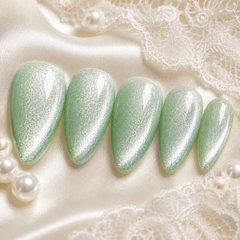 Mint Green Pearl Cat Eye Press On Nails | Short Almond Reusable Fake Nails