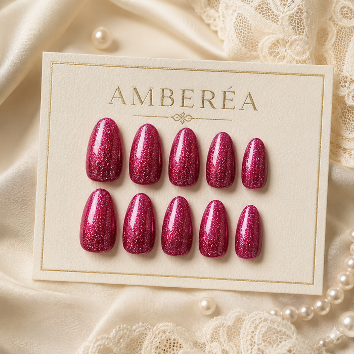 Hot Pink Glitter Press On Nails | Short Almond Reusable Fake Nails