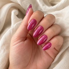 Hot Pink Glitter Press On Nails | Short Almond Reusable Fake Nails