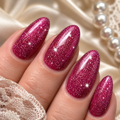 Hot Pink Glitter Press On Nails | Short Almond Reusable Fake Nails