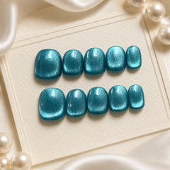 Teal Blue Metallic Press On Nails | Short Square Reusable Fake Nails