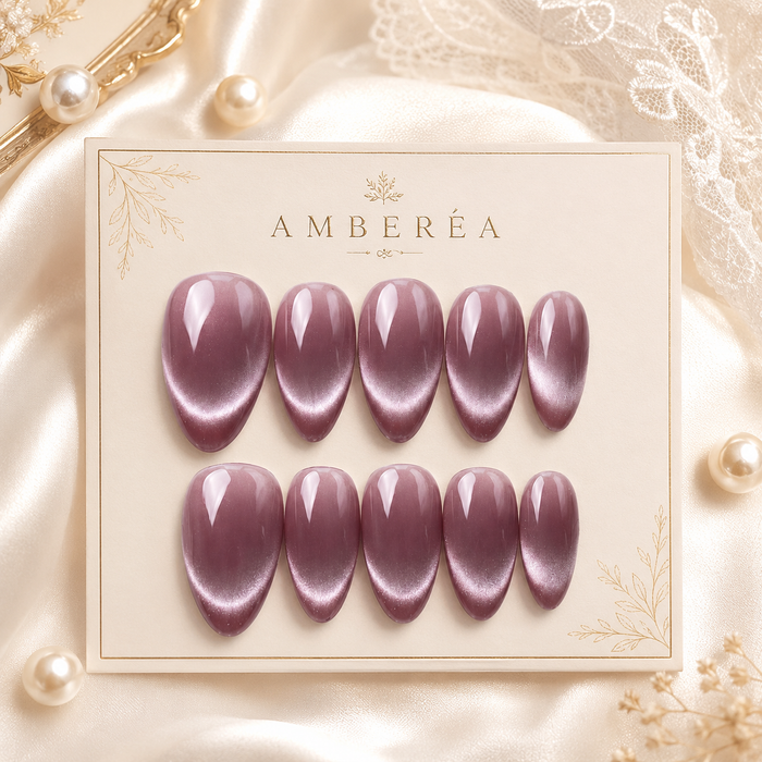 Mauve Purple Pearl Cat Eye Press On Nails | Short Almond Reusable Fake Nails