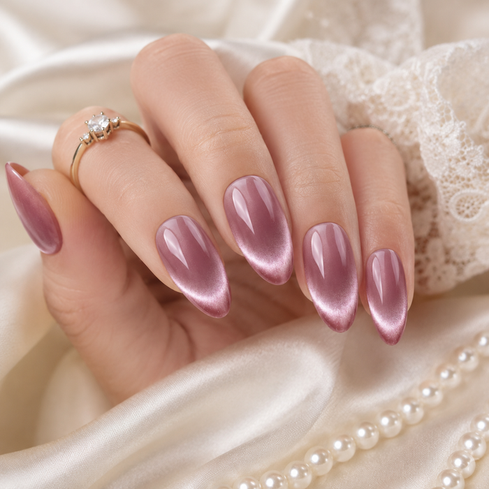 Mauve Purple Pearl Cat Eye Press On Nails | Short Almond Reusable Fake Nails