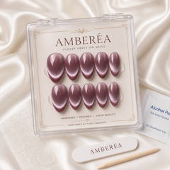 Mauve Purple Pearl Cat Eye Press On Nails | Short Almond Reusable Fake Nails