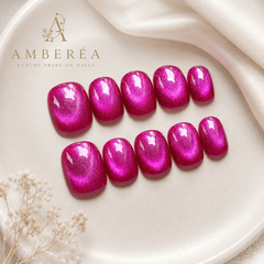 Fuchsia Pink Cat Eye Press On Nails | Short Square Reusable Fake Nails