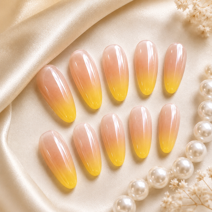 Peach Yellow Ombre Press On Nails | Almond Reusable Fake Nails