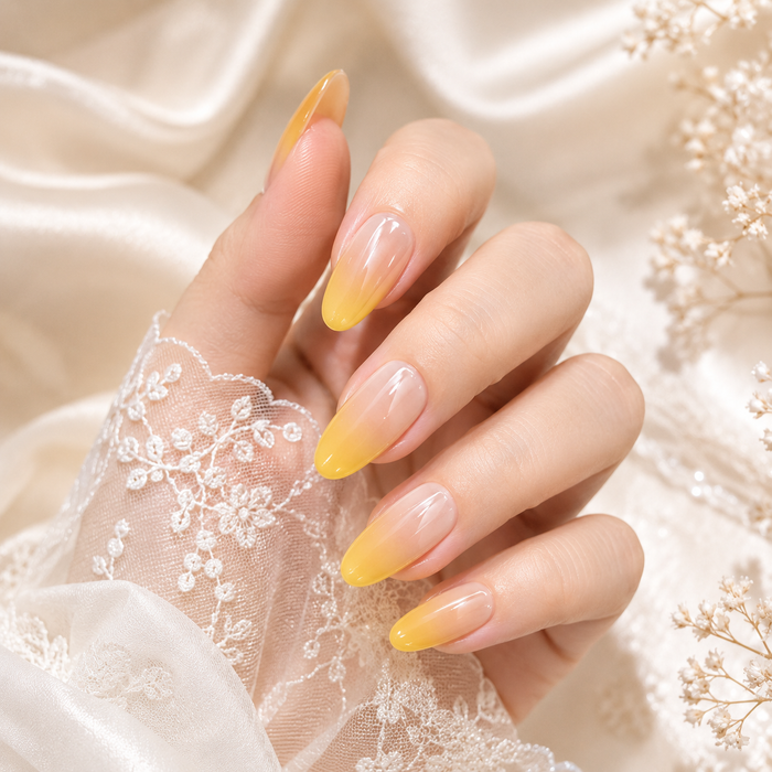 Peach Yellow Ombre Press On Nails | Almond Reusable Fake Nails
