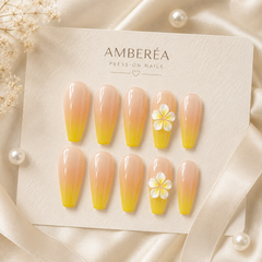 Peach Yellow Ombre Flower Press On Nails | Long Coffin Reusable Fake Nails