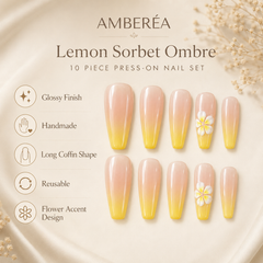 Peach Yellow Ombre Flower Press On Nails | Long Coffin Reusable Fake Nails