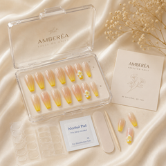 Peach Yellow Ombre Flower Press On Nails | Long Coffin Reusable Fake Nails